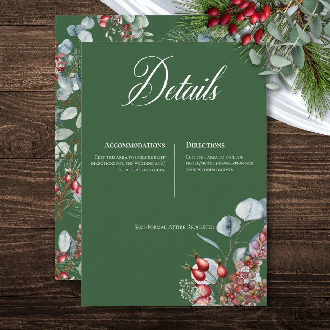 Carte D'accompagnement Berries de pin d'hiver vert Mariage Eucalyptus (Green Winter Pine Berries Eucalyptus Wedding Enclosure Card)