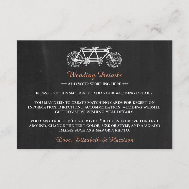 Carte D'accompagnement Bicyclette Tandem Sur Chalkboard Mariage Détail In (Devant)