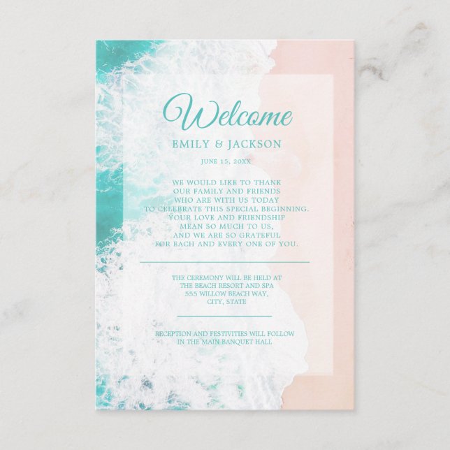 Carte D'accompagnement Bienvenue au mariage de destination sur la plage o (Devant)