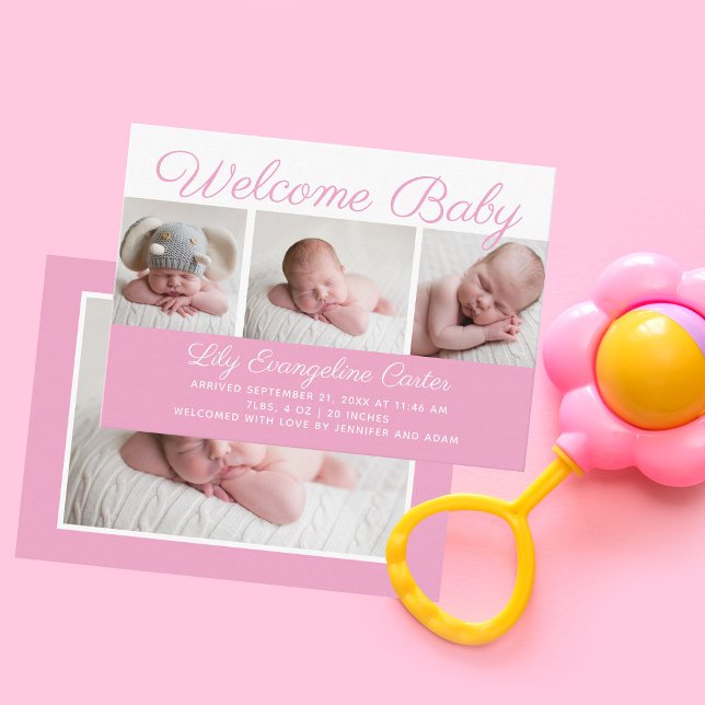 Carte D'accompagnement Bienvenue Baby Girl Photo Joli Pink Cursive Script (Créateur téléchargé)