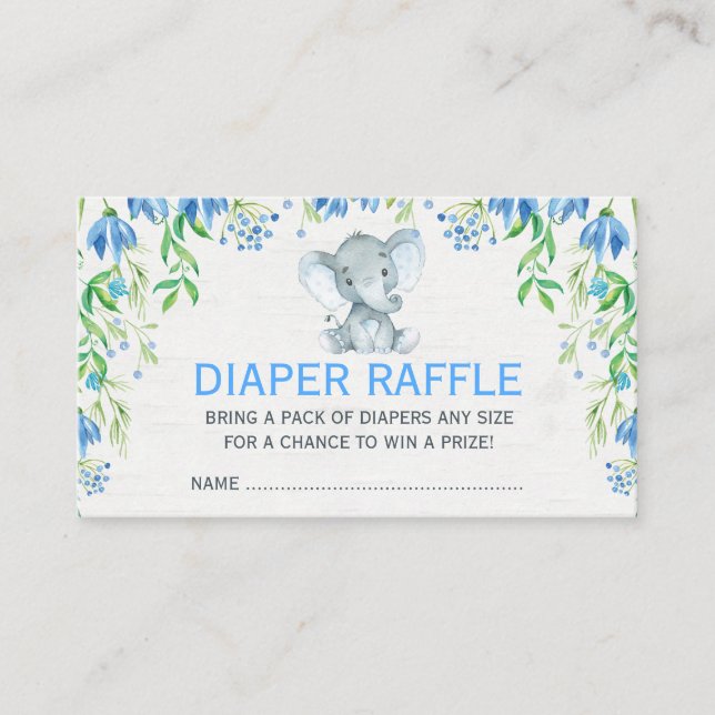 Carte D'accompagnement Billet Blue Floral Elephant Baby Diaper Raffle (Devant)