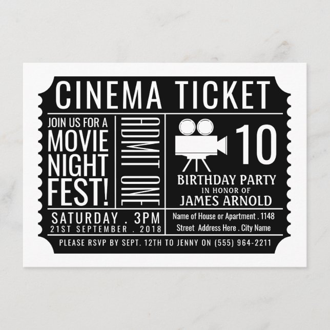 Carte D'accompagnement Billet cinéma noir, Billet fête d'anniversaire pou (Devant)