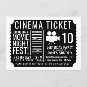 Carte D'accompagnement Billet cinéma noir, Billet fête d'anniversaire pou