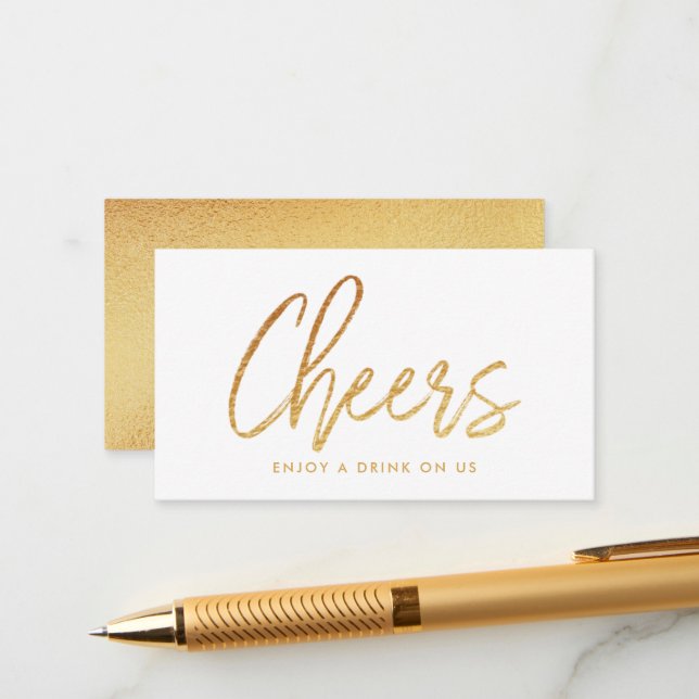 Carte D'accompagnement Billet de boisson "Cheers" écriture moderne avec f (Devant/Arrière en situation)