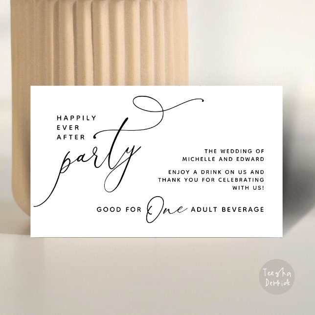 Carte D'accompagnement Billet de boisson pour adulte Happily Ever After (Drink Ticket One Adult Beverage Romantic Wedding Happily Ever After Dinner Party Black White)