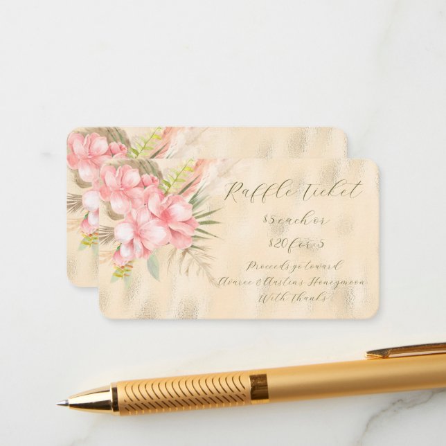 Carte D'accompagnement Billet de tombola à motif floral rose et feuille d (Devant/Arrière en situation)