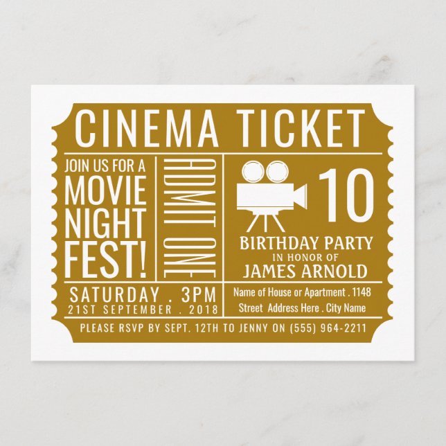 Carte D'accompagnement Billet Gold Cinema, Billet pour la fête d'annivers (Devant)