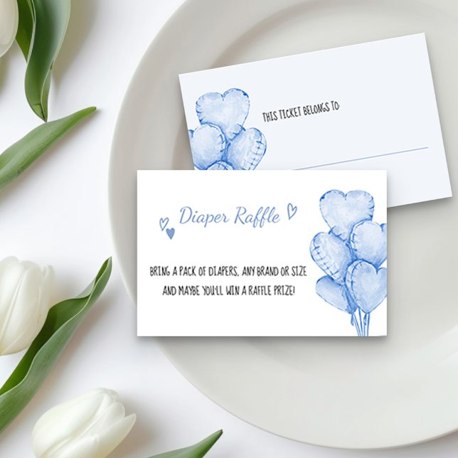 Carte D'accompagnement Billet rabat au coeur bleu avec ballons au coeur b (Diaper Raffle Tickets from the little sweetheart themed Car and Balloons collection by Darling & May)