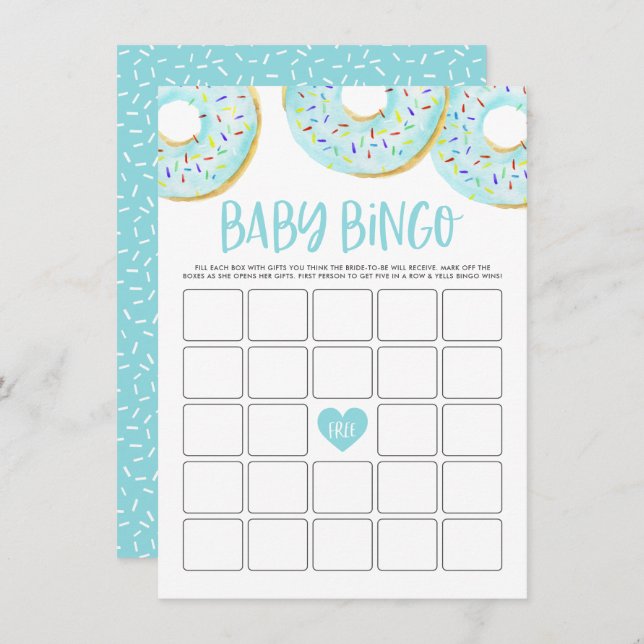 Carte D'accompagnement Bingo Baby shower de beignets bleu clair (Devant / Derrière)
