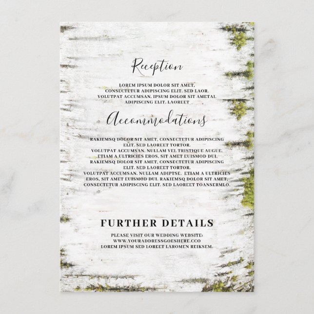 Carte D'accompagnement Birch Bark Rustic Mariage Information Invité (Devant)