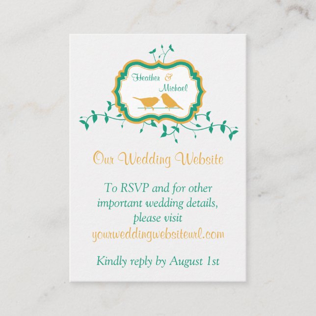 Carte D'accompagnement Birds Feuille Yellow Emerald Mariage site Web Insé (Devant)