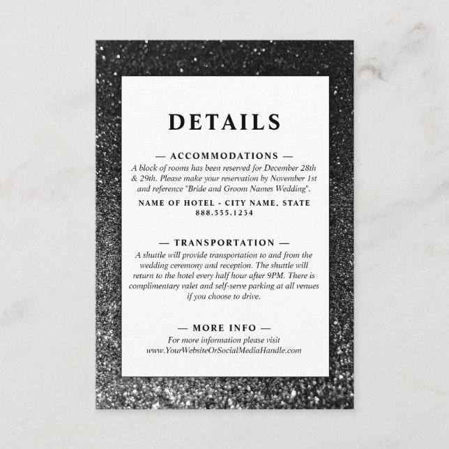 Carte D'accompagnement Black and White Glam Chic Moderne Parties scintill (Devant)