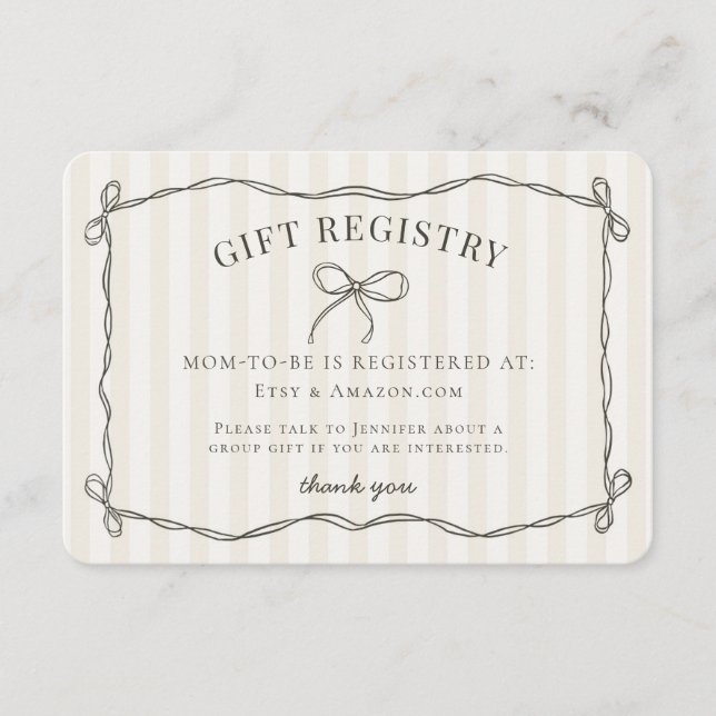 Carte D'accompagnement Black Coquette Bow Baby shower beige Registre (Devant)