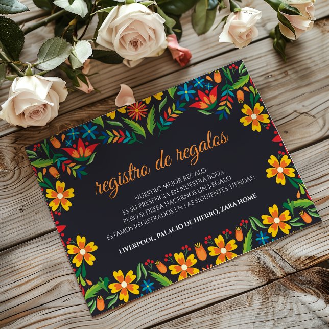 Carte D'accompagnement Black Floral Colorful Botanical Spanish Wedding (Black Floral Colorful Botanical Spanish Wedding Enclosure Card)