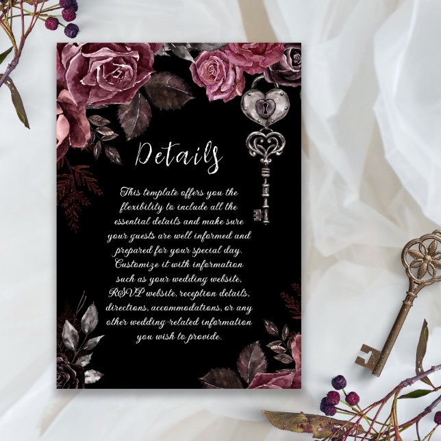 Carte D'accompagnement Black Floral Rose Dark Gothique Détails du Mariage (Créateur téléchargé)