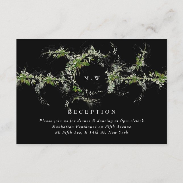 Carte D'accompagnement Black Formal Eucalyptus Wreath Monogram Wedding (Devant)