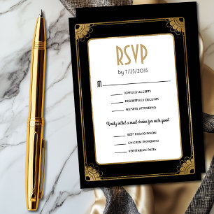 Carte D'accompagnement Black Gold Art Deco Options de repas Mariage RSVP