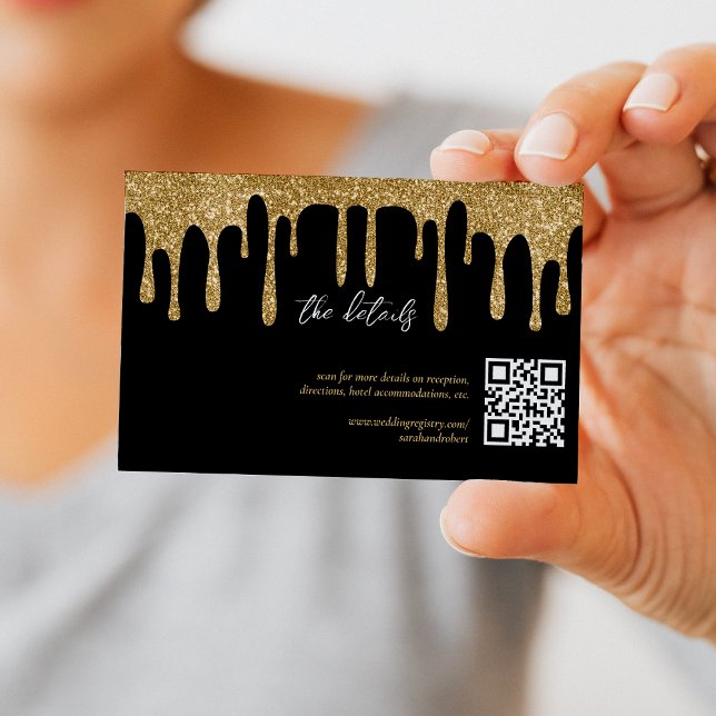 Carte D'accompagnement Black & Gold Parties scintillant Drift QR Code Dét (Black & Gold Glitter Drip QR Code Wedding Details Enclosure Card)