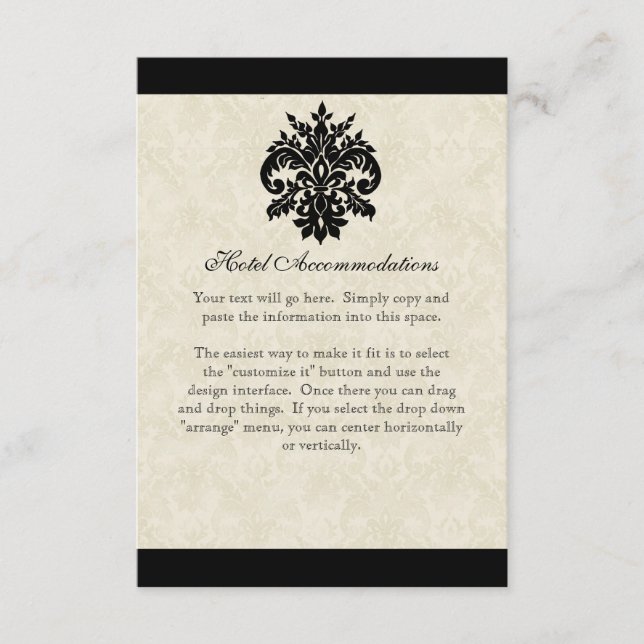 Carte D'accompagnement Black n Cream Fleur de Lis Mariage damassé (Devant)