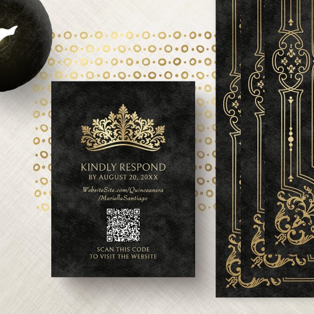 Carte D'accompagnement Black Tiara Crown Quinceanera QR RSVP (Créateur téléchargé)