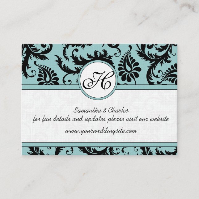 Carte D'accompagnement Black White Damask Pool Blue Trim Site Mariage (Devant)