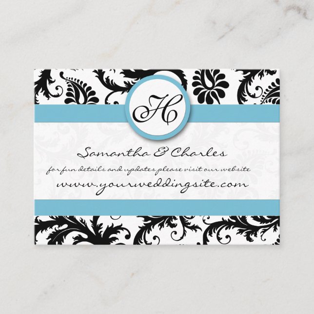 Carte D'accompagnement Black White Damask Pool Blue Trim Site Mariage (Devant)