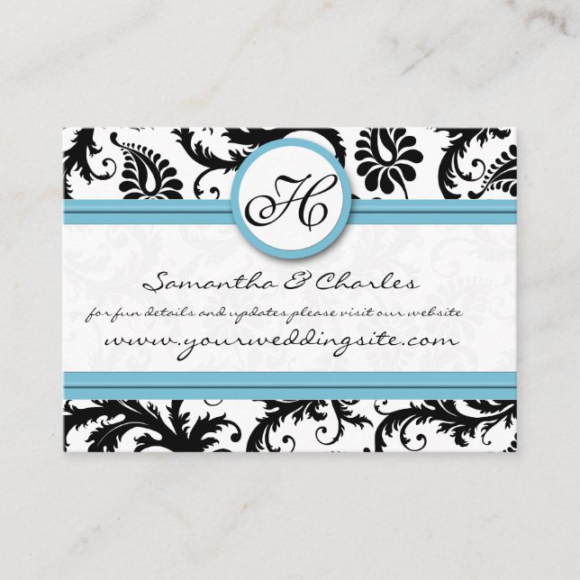 Carte D'accompagnement Black White Damask Pool Blue Trim Site Mariage (Devant)