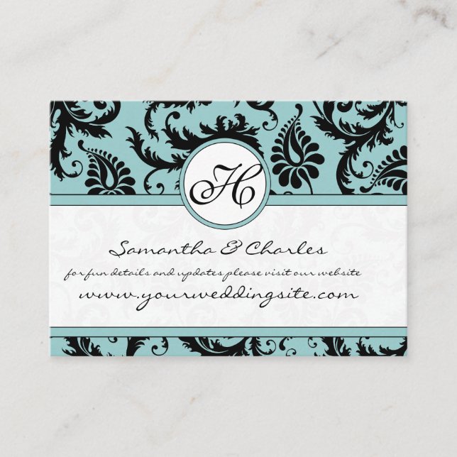 Carte D'accompagnement Black White Damask Pool Blue Trim Site Mariage (Devant)