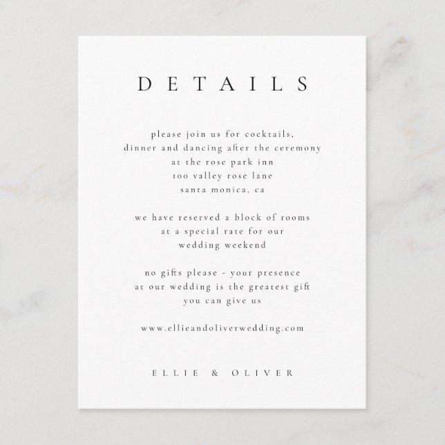 Carte D'accompagnement Black & White Elegant Boho Détails Mariage Moderne (Devant)