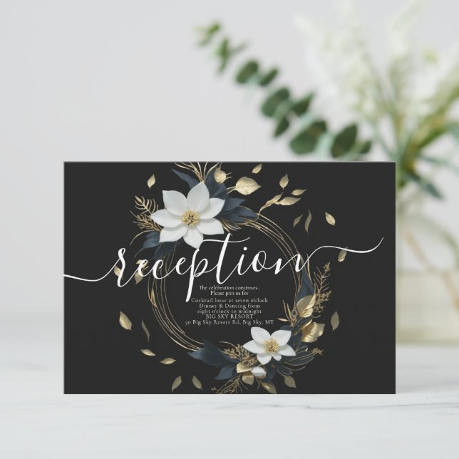 Carte D'accompagnement Black White Gold Floral Wreath Réception de mariag (Debout devant)
