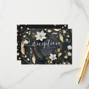 Carte D'accompagnement Black White Gold Floral Wreath Réception de mariag