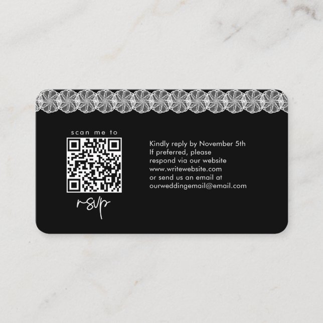 Carte D'accompagnement Black White Lace Photo QR Code Site Mariage (Devant)