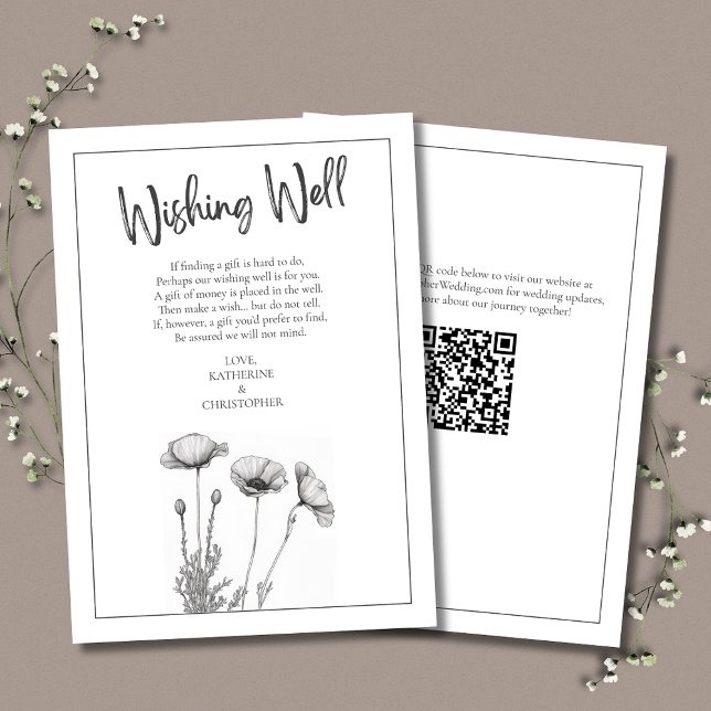 Carte D'accompagnement Black & White Poppies Élégant mariage bien vouloir (Elegant Wedding Wishing Well Enclosure Card with White Poppies & QR Code for wedding website.)