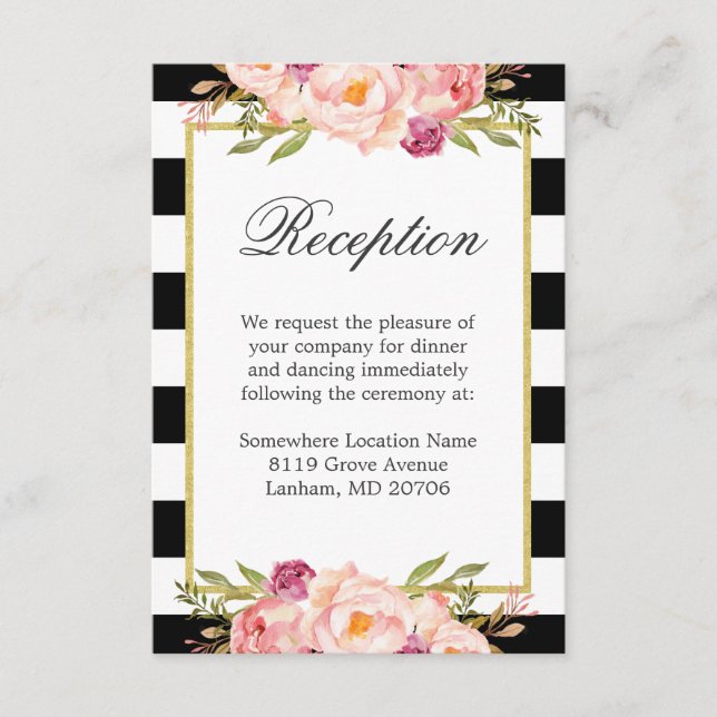 Carte D'accompagnement Black White Stripes Rose Floral Mariage Réception (Devant)
