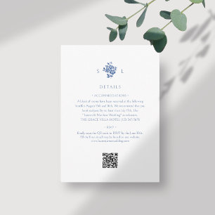 Carte D'accompagnement Blanc + bleu Floral Monogrammé Mariage de code Q