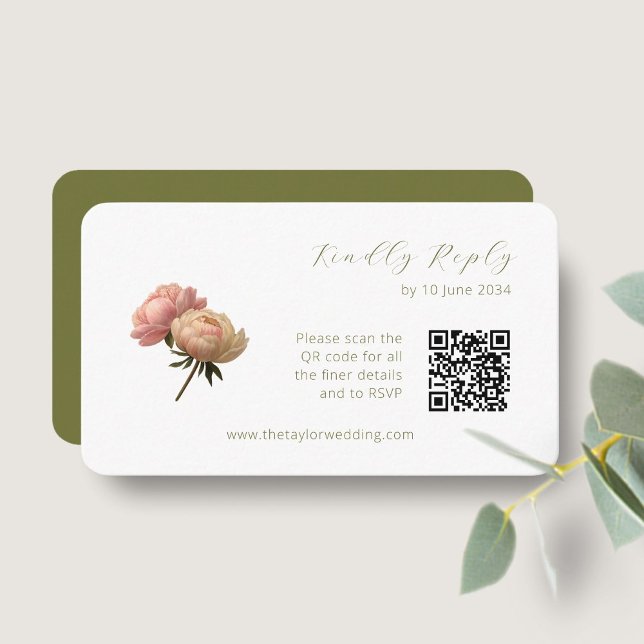 Carte D'accompagnement Blanc et olive | Chic Rose mariage RSVP QR Code (Créateur téléchargé)