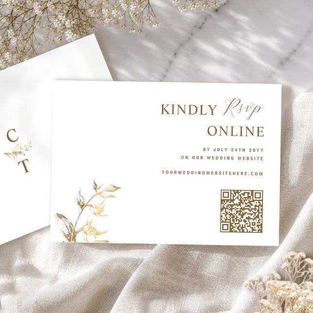 Carte D'accompagnement Blanc et Or Élégant Code QR RSVP Mariage (Créateur téléchargé)