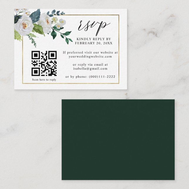Carte D'accompagnement Blanc Floral Emerald Or QR Code Mariage RSVP (Devant / Derrière)