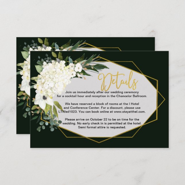 Carte D'accompagnement Blanc moderne Floral Or géométrique Détails noir (Devant / Derrière)