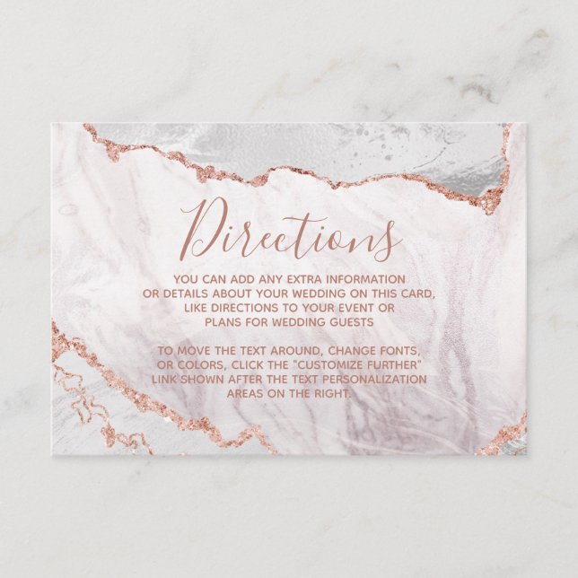 Carte D'accompagnement Blanc & Rose Gold Agate Marbre Mariage Directions (Devant)