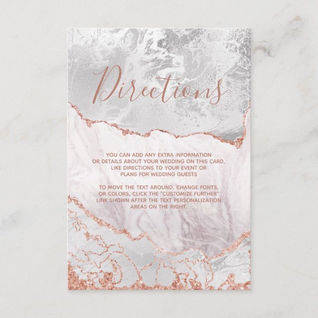 Carte D'accompagnement Blanc & Rose Gold Agate Marbre Mariage Directions (Devant)