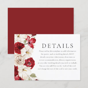 Carte D'accompagnement Blanc & Rouge Superbe Mariage Floral Détails