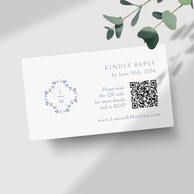 Carte D'accompagnement BLANCHE | Monogramme floral QR Code Mariage RSVP (Créateur téléchargé)