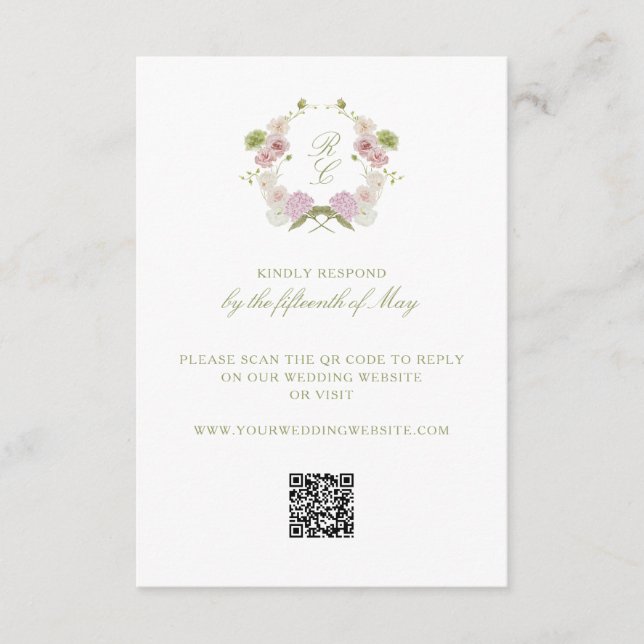 Carte D'accompagnement Blason de monogramme floral vert rose pour mariage (Devant)