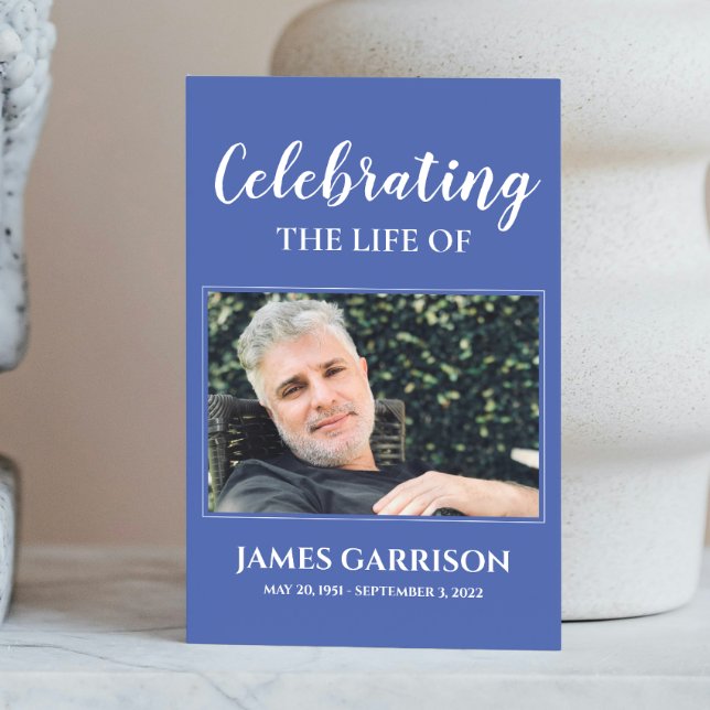 Carte D'accompagnement Bleu blanc Elegant Funeral Prayer Card avec photo (Créateur téléchargé)