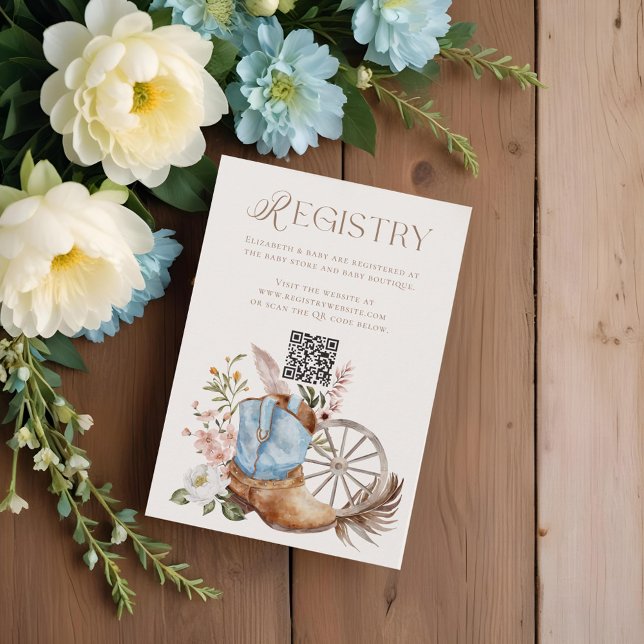 Carte D'accompagnement Bleu Cowboyl Boot QR Code Registre Baby shower (Blue Cowboyl Boot QR Code Registry Baby Shower Enclosure Card)