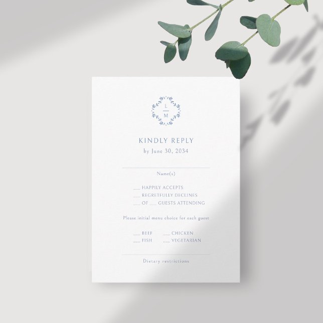Carte D'accompagnement Bleu et blanc | Mariage monogramme floral RSVP (Créateur téléchargé)