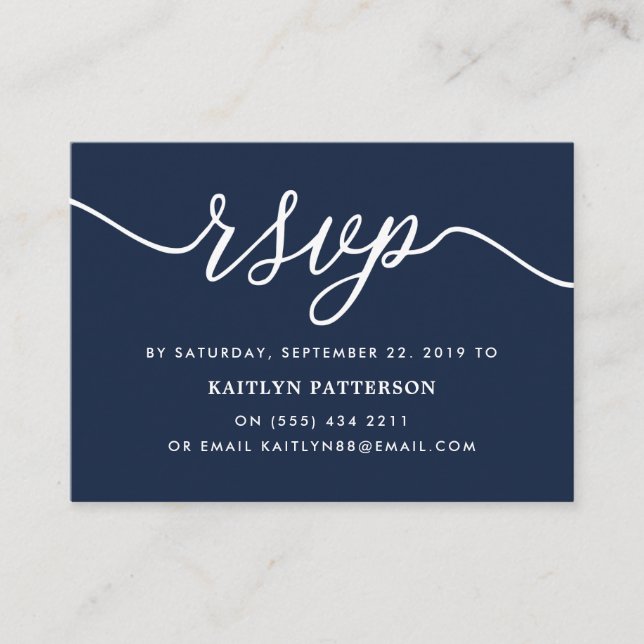 Carte D'accompagnement Bleu et blanc Script simple RSVP (Devant)