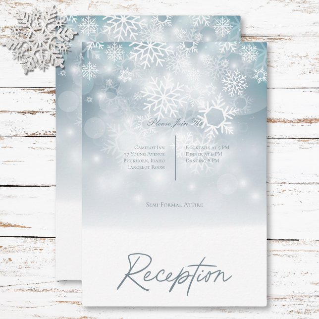Carte D'accompagnement Bleu hiver Neige Réception moderne Mariage (Blue Winter Snow Modern Reception Wedding Enclosure Card)