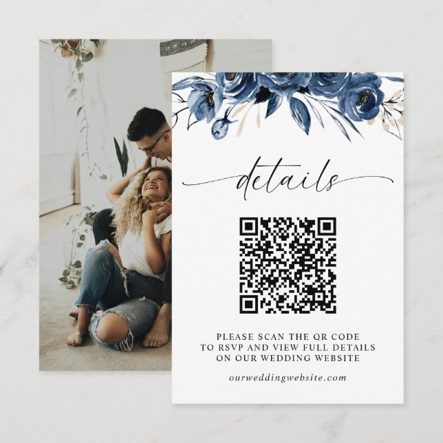 Carte D'accompagnement Bleu marine Élégant Code QR Photo Réponse Mariage (Devant / Derrière)